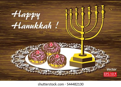 Greeting card Happy Hanukkah  Background For jewish holiday with golden menorah ,Tasty chocolate glazed donuts with red jam,  Lace Doily vector illustration