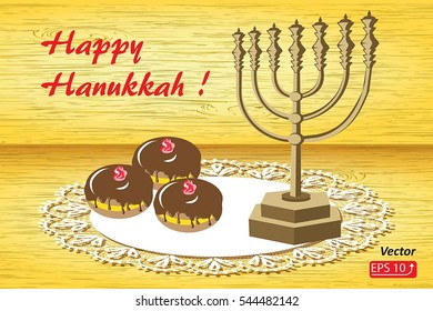 Greeting card Happy Hanukkah  Background For jewish holiday with golden menorah ,Tasty chocolate glazed donuts with red jam, Lace Doily vector illustration