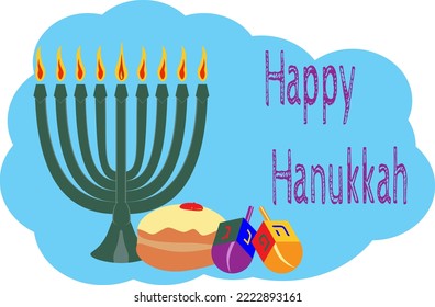 Greeting card with Happy Hanukkah lettering and traditional symbols (menorah, jelly donuts, dreidels) on blue background.