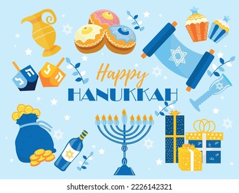 Greeting card for Happy Hanukkah on light blue background