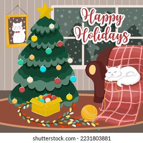 Greeting card Happy holidays with a Christmas tree and a sleeping cat in a cozy room