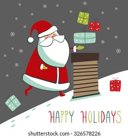 Greeting card: Happy holidays. Creative hand drawn card with cute Santa Claus  on the roof. Vector cartoon illustration.