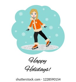 Greeting card "Happy holidays"  with cute girl on rink. Flat style of icons for presents, invitation, children room decor, interior design.