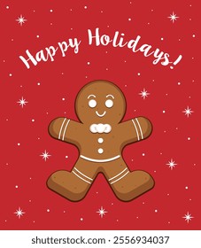 Greeting card Happy Holidays! Cute gingerbread man. New Year greeting card, banner, picture with cute gingerbread man on red background with stars and snowflakes. Vector illustration.