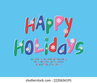 Greeting card Happy Holidays with lettering retro style. Hand drawn font set for Winter designs