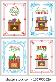Greeting card Happy Holidays, Merry Christmas with colorful frame vector. Burning woods in fireplace decorated with gift boxes, fir-tree, festive toys