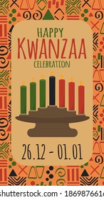 Greeting card - happy Kwanzaa celebration - USA honors African heritage in African-American culture. Poster with seven tradition colored candles in kinara on tribal ethnic pattern in traditional color