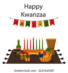 Tarjeta de saludo de Happy Kwanzaa. Composición con estera tejida, tambor, kinara, regalos y cesta de frutas. Banderas de amarre festivo con 7 principios de símbolos kwanzaa. Ilustración vectorial de dibujos animados sobre blanco