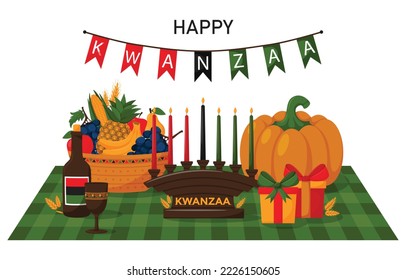 Greeting card Happy Kwanzaa. A composition with a checkered napkin, a kinara, gifts, pumpkin and a fruit basket. Cartoon vector illustration on a white background