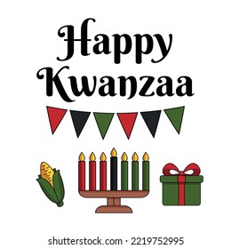 Greeting Card Happy Kwanzaa In Modern Flat Style With Kinara Candle Holder, Corn, Gift Box - Traditional Kwanza Symbols. Vector Isolated On White Background. African Heritage Celebration.