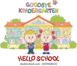 Greeting card with happy little schoolboy and schoolgirl first graders with schoolbags in front of their pretty school or kindergarten with green trees and bushes, vector cartoon illustration