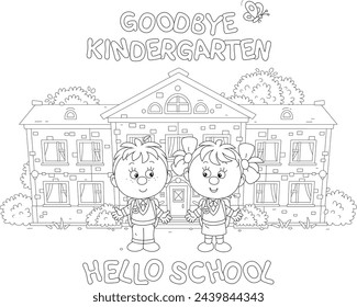 Greeting card with happy little schoolboy and schoolgirl first graders with schoolbags in front of their pretty school or kindergarten with green trees and bushes, vector cartoon illustration