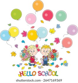 Cartão de felicitações com alunos e alunos do primeiro ano com balões e buquês de flores coloridas em um feriado do primeiro sino da escola na escola primária, ilustração de desenhos animados vetoriais