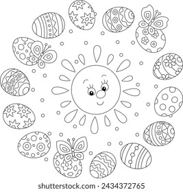 Greeting card with a happy little Sun and decorated gift eggs with merry butterflies flying around, black and white vector cartoon illustration for a coloring book