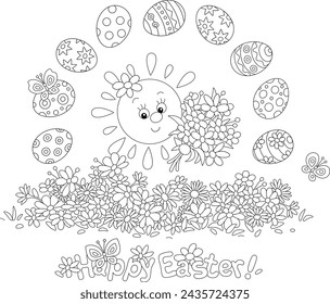 Greeting card with a happy little Sun, spring flowers and decorated gift eggs with merry butterflies flying around, black and white vector cartoon illustration for a coloring book