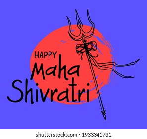 Greeting card "Happy Maha Shivratri". Lettering. Trishula of God Shiva, drum damaru. Hand-drawn. Modern bright vector illustration for design, poster, banner, poster, print.