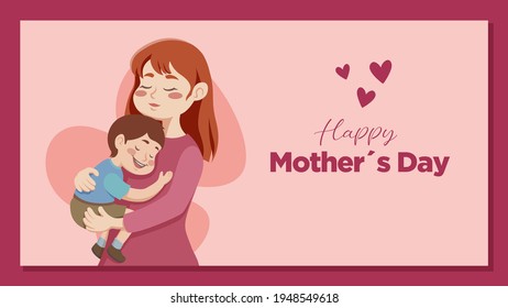 Greeting card from a happy mother with her child in her arms. Happy Mother's Day.