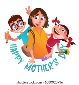 Greeting card to Happy Mother's Day. Mom with phone holding on the back her son and daughter. Vector illustration isolated on white. Perfect to use in advertising design and others creative projects