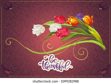 Greeting card for Happy Mother's Day, design with bouquet of tulips flowers. Beautiful bouquet on vintage backdrop
