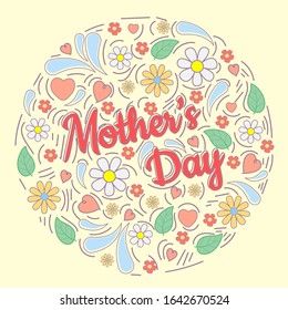 Greeting card of happy mother's day. Graphic elements for kids, greeting card, cover, poster and t-shirt. Vector illustration.