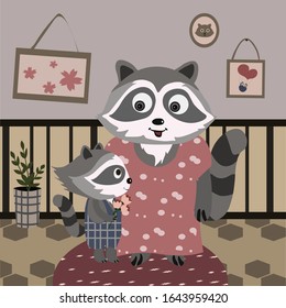 Greeting card Happy Mother's Day. Vector flat poster with mom and son raccoons.