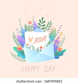 Greeting card Happy Mothers Day. Vector illustration with flowers, hearts, letter and beautiful text on a light orange background. Nice postcard for your holiday.