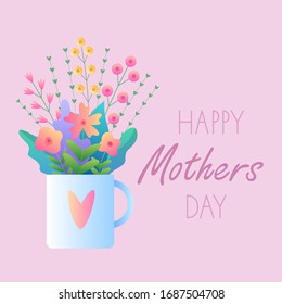 Greeting card Happy Mothers Day. Vector illustration with flowers, hearts with a bouquet of flowers in a mug and beautiful text on a pink background. Nice postcard for your holiday.