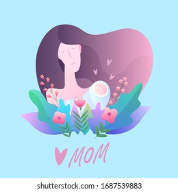 Greeting card Happy Mothers Day. Vector illustration with mom and baby, flowers, hearts, and beautiful text on a blue background. Nice postcard for your holiday.
