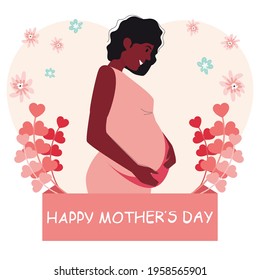 Greeting card. Happy Mother's Day. Pregnant woman. Vector illustration with character.