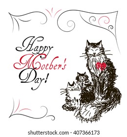 Greeting card Happy Mother's Day with a hand-drawn cats and kittens in Doodle style. Sketch mother and child