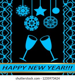 Greeting card "Happy new year!" in  blue style. Decorative, abstract, elements, frames, gold patterns on black background. Star, garland, ball, snowflake, ribbon with the inscription