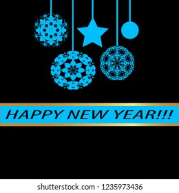 Greeting card "Happy new year!" in  blue style. Decorative, abstract, elements, frames, gold patterns on black background. Star, garland, ball, snowflake, ribbon with the inscription