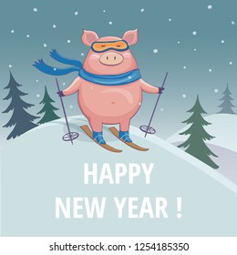 Greeting card of happy new year with a pig skiing. Vector illustration