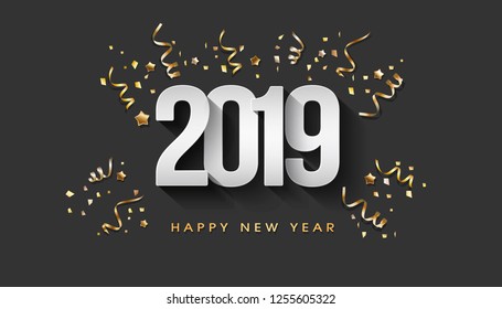 Greeting Card. Happy New Year 2019 golden confetti