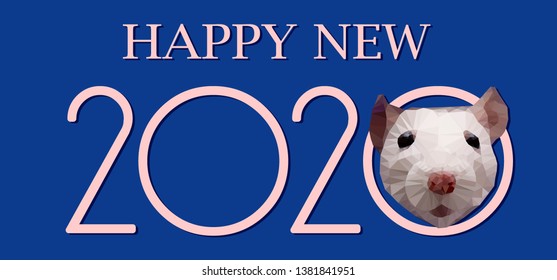 Greeting card happy new year with the faces of mice On the background of the 2020 Face white mouse Funny mouse, symbol of 2020 year polygonal