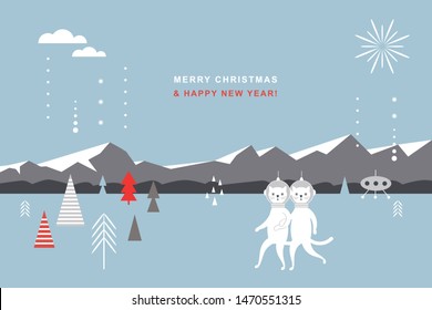 Greeting card, Happy New Year, Christmas card, banner, poster design. Couple of cute cats spacemen, winter landscape, mountains.
