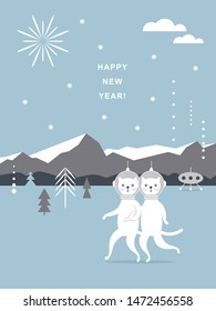 Greeting card, Happy New Year, Christmas card, banner, poster design. Couple of cute cats spacemen, winter landscape, mountains. Postcard in minimalistic style.