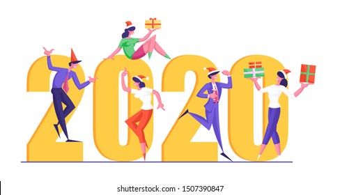 Greeting Card for Happy New Year Concept. Tiny People Dancing Near Huge 2020 Numbers. Congratulations, Invitation on Eve Celebration Poster, Banner, Flyer, Brochure. Cartoon Flat Vector Illustration