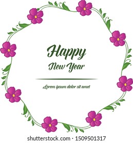 Greeting card happy new year, with bright purple flower frame. Vector