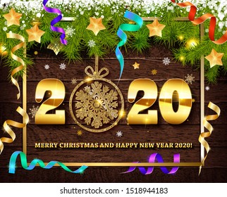 Greeting card happy New year 2020. Gold letters on vintage wooden background. Vector illustration