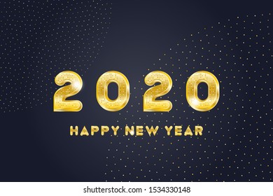 Greeting card for Happy New Year with golden sign 2020 on a dark backdrop. Flat vector illustration EPS10