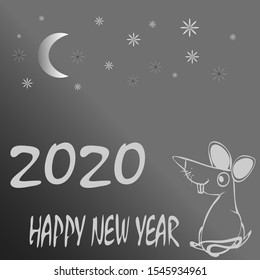 Greeting card Happy New Year 2020.Funy rat.Web banner or billboard with text Happy New Year 2020 written sparklers on festive blue background.