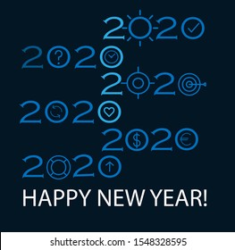 greeting card happy new year 2020, icons numbers