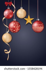 Greeting Card for Happy new year and Merry Christmas with  Christmas ball  star and ribbon 