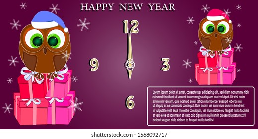 
greeting card happy new year with owls and gift boxes. vector illustration.