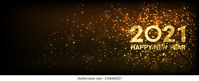 Greeting card Happy New Year 2021. Beautiful Square holiday web banner or billboard with text Happy New Year 2021 on the background of fireworks. - Vector