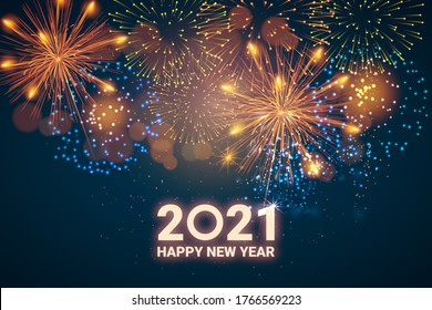 Greeting card Happy New Year 2021. Beautiful Square holiday web banner or billboard with text Happy New Year 2021 on the background of fireworks.