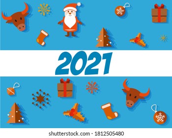 greeting card happy New Year with the inscription 2021 in blue with icons of Santa Claus, bull, Christmas tree, gifts, snowflakes, Christmas greetings