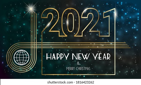 Greeting card Happy New Year 2021 and Merry Christmas on the background of the night starry sky. Spreading the holiday around the world. Vector illustration
