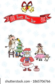 greeting card happy new year santa and cow on a light background. vector doodle illustration